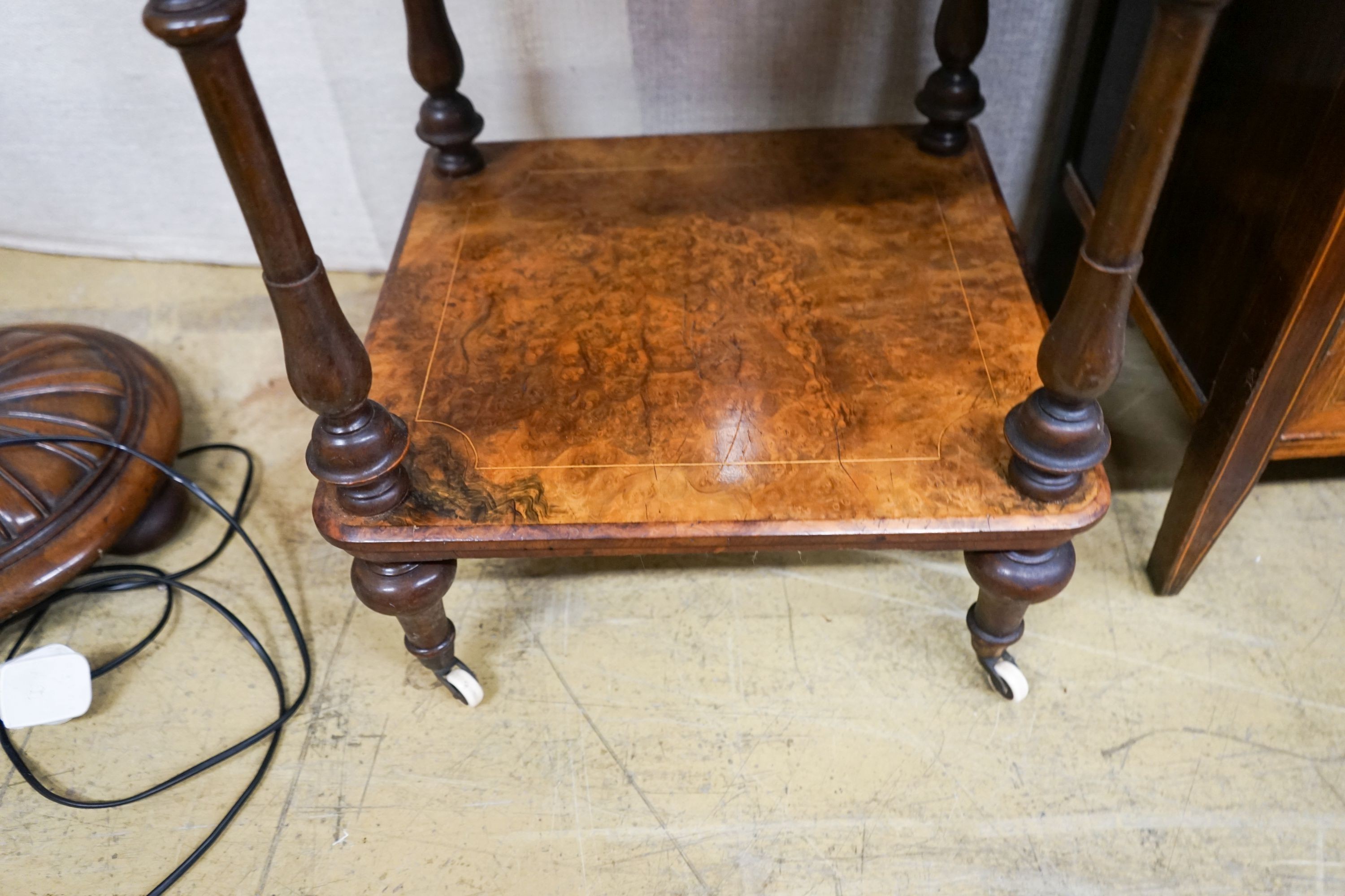 A Victorian burr walnut three tier whatnot, width 41cm, depth 38cm, height 98cm